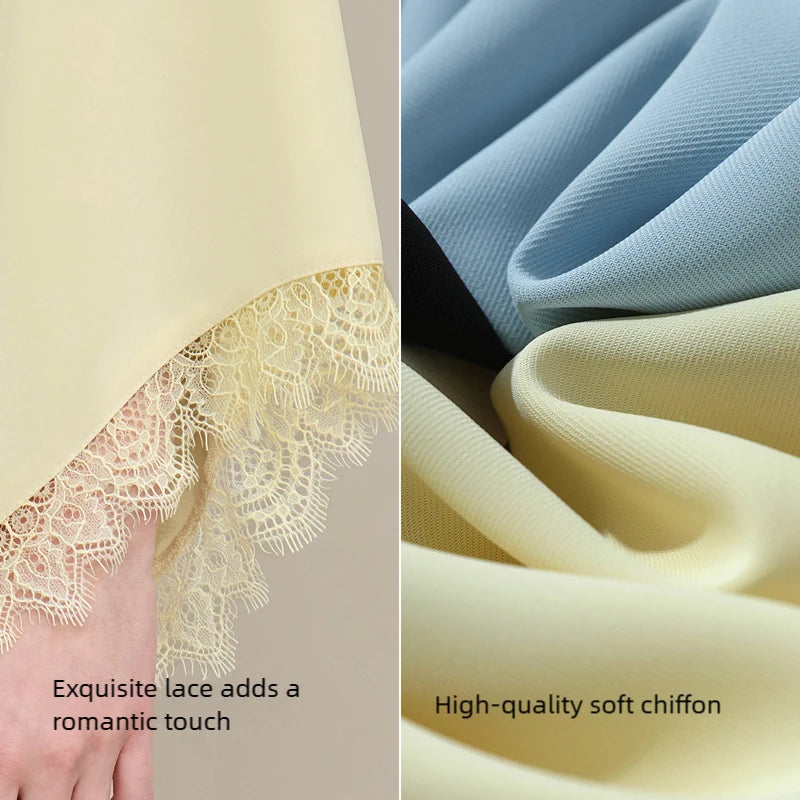 Women's V-Neck Chiffon Blouse - Elegant Lace Cuff Pullover Shirt