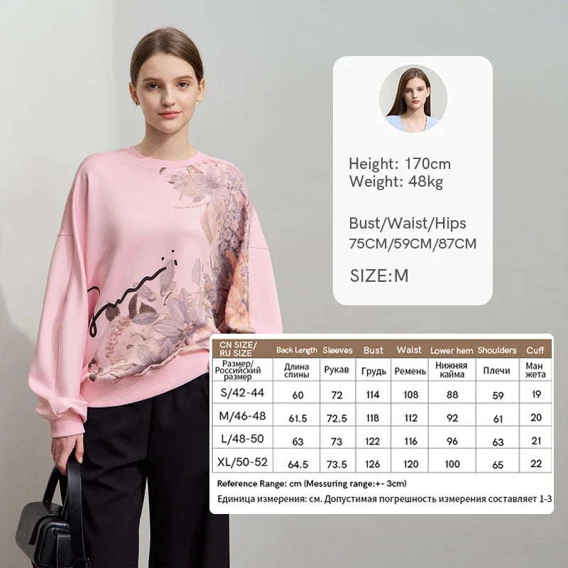 Women's Oversized Floral Letter Print Pullover - Minimalist Crew Neck